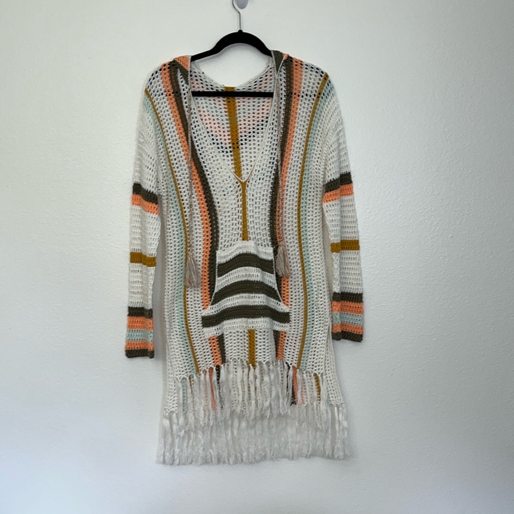 Forever 21 White Crochet Swim Coverup with Olive, Peach & Mustard Stripes